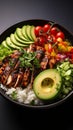 Delicious Buddha bowl grilled chicken, fresh vegetables, and rice top Royalty Free Stock Photo