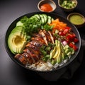 Delicious Buddha bowl grilled chicken, fresh vegetables, and rice top Royalty Free Stock Photo