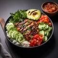 Delicious Buddha bowl grilled chicken, fresh vegetables, and rice top Royalty Free Stock Photo