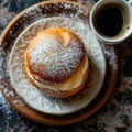 Delicious bun with whipped cream, sprinkled with powdered sugar, and a coffee cup on a plate on a table. Generative AI