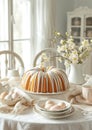 Delicious Bundt cake with icing still life. Beautiful white colors morning table decoration with lace tablecloth and napkins,