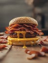 Close-up delicious burger with bacon and melted American cheese. Indulgence. Bacon-cheeseburger. Royalty Free Stock Photo