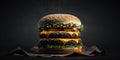 The delicious burger in the black background with AI generated.