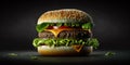 The delicious burger in the black background with AI generated.