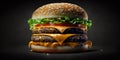 The delicious burger in the black background with AI generated.