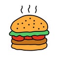 Delicious burger color icon. Traditional hamburger, junk food isolated vector illustration. Unhealthy nutrition, harmful