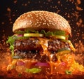 Delicious burger exploding in front of the camera with floating ingredients on black background