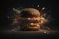 Delicious burger exploding in front of the camera with floating ingredients on black background. Generative AI