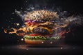 Delicious burger exploding in front of the camera with floating ingredients on black background. Generative AI