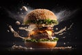 Delicious burger exploding in front of the camera with floating ingredients on black background. Generative AI