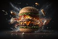 Delicious burger exploding in front of the camera with floating ingredients on black background. Generative AI