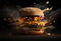 Delicious burger exploding in front of the camera with floating ingredients on black background. Generative AI