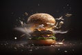 Delicious burger exploding in front of the camera with floating ingredients on black background. Generative AI