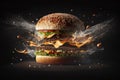 Delicious burger exploding in front of the camera with floating ingredients on black background. Generative AI