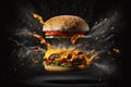 Delicious burger exploding in front of the camera with floating ingredients on black background illustration generative ai