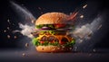 Delicious burger with floating ingredients on dark background, generative ai