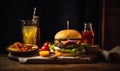 Delicious burger and fries with bacon on the wooden plate. Glass of drink and bottles with sauce at backdrop. Generative AI