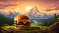 Delicious burger illustration with a view to the mountains, illustration