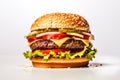 Delicious burger with sesame seed bun fresh lettuce onion pickles and tomato slices on white background