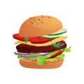 Delicious burger with tomato, cheese, cucumber, meat, onion, ketchup and salad. Fast food. Bun with sesame. Cartoon