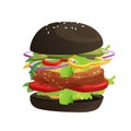 Delicious burger with tomato, cheese, cucumber, meat, onion, ketchup and salad. Fast food. Bun with sesame. Cartoon