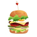 Delicious burger with tomato, cheese, cucumber, meat, onion, ketchup and salad. Fast food. Bun with sesame. Cartoon