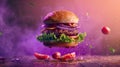 Delicious burger with tomatoes. Fresh tasty Hamburger meat with flying ingredients. Levitation Concept. Royalty Free Stock Photo