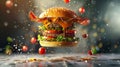 Delicious burger with tomatoes. Fresh tasty Hamburger meat with flying ingredients. Levitation Concept. Royalty Free Stock Photo