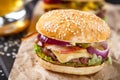 Delicious burger on wooden board