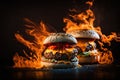 Delicious burgers with fire, ai generative illustration