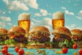 Delicious burgers with frothy beers and flying ingredients on a sunny day