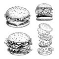 Delicious burgers set. Hand drawn sketch style drawings of different burgers. With bacon, cheese, salad, tomatoes, cucumbera etc.