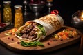 A delicious burrito filled with savory meat and fresh vegetables, ready to be enjoyed, Delicious shawarma served on wooden board