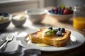 Delicious buttermilk French toast with blueberries on a white plate