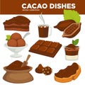 Delicious cacao sweet dishes and drink vector collection