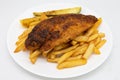 Cajun Blackened Catfish with French Fries on a White Plate