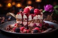 Delicious cake with berries and chocolate on a dark background. Selective focus, Indulge in the dessert\'s exquisite