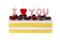 Delicious cake with candles in the form of the words I love you Royalty Free Stock Photo