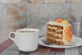 Delicious cake and cup of hot coffee on table Royalty Free Stock Photo
