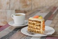 Delicious cake and cup of hot coffee on table Royalty Free Stock Photo