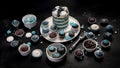 Delicious cake and cupcakes in blue on dark background. Table setting for celebration Royalty Free Stock Photo