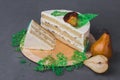 A delicious cake decorated with caramelized pears on a gray background.