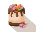 Delicious cake dessert Chocolate and strawberry and macaroons. Summer confectionery bakery treats Vector illustration