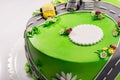 Delicious cake with ladybug and cars with free place for text close up