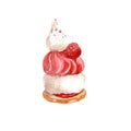 Delicious cake with meringue and raspberry. Hand drawn watercolor illustration isolated on white background. Vector