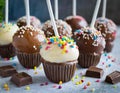 delicious cake pops decorated with frosting chocolate and sprinkles Royalty Free Stock Photo