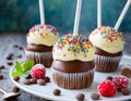 delicious cake pops decorated with frosting chocolate and sprinkles Royalty Free Stock Photo