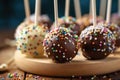 delicious cake pops decorated with frosting chocolate and sprinkles Royalty Free Stock Photo