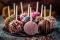 delicious cake pops decorated with frosting chocolate and sprinkles Royalty Free Stock Photo