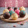 delicious cake pops decorated with frosting chocolate and sprinkles Royalty Free Stock Photo